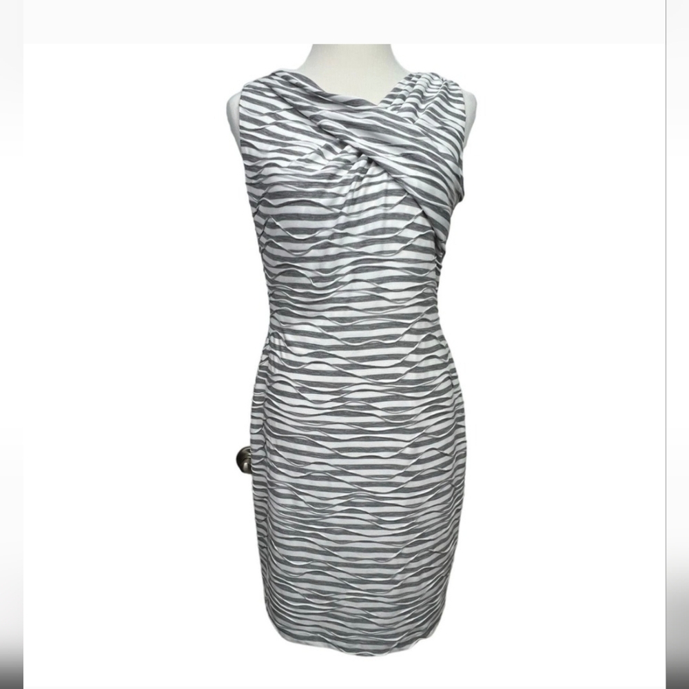 Calvin Klein Black And White Wavy Striped Textured Sleeveless Stretchy Dress